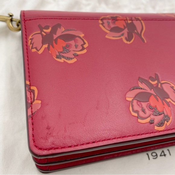 Coach Callie Foldover Chain Clutch With Floral Print Leather Red Apple - Picture 7 of 16